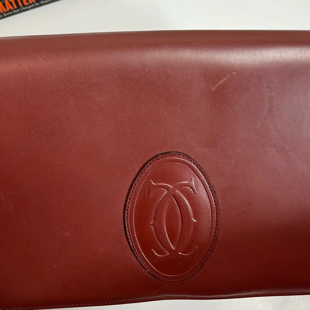 Cartier Clutch Bag Red Bordeaux Burgundy Leather Gold Hardware Large